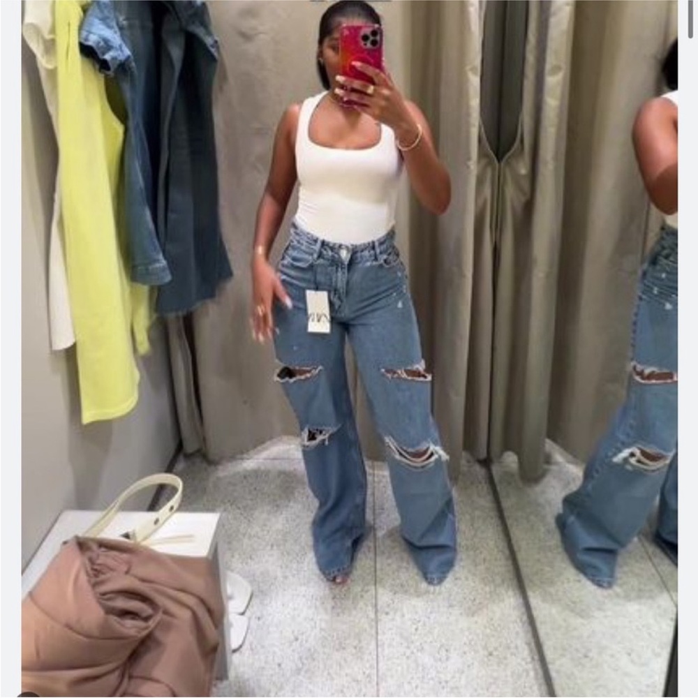 ZARA Z1975 MID WAIST RIPPED CUT OUT STRAIGHT LEG JEANS